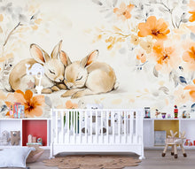 Load image into Gallery viewer, Sleeping Bunnies Nursery Wall Mural – Baby Room Decor – Floral Bunny Mural – Gender Neutral Playroom – Baby Shower Gift – Kids Room Art