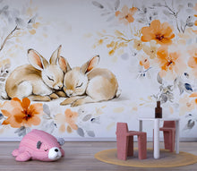 Load image into Gallery viewer, Sleeping Bunnies Nursery Wall Mural – Baby Room Decor – Floral Bunny Mural – Gender Neutral Playroom – Baby Shower Gift – Kids Room Art