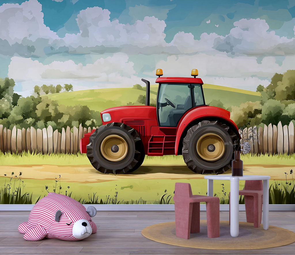 Red Tractor Nursery Wall Mural – Farm-Themed Baby Room Decor – Gender Neutral Playroom Art – Baby Shower Gift – Kids Room Wall Art