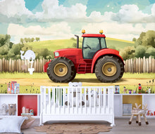 Load image into Gallery viewer, Red Tractor Nursery Wall Mural – Farm-Themed Baby Room Decor – Gender Neutral Playroom Art – Baby Shower Gift – Kids Room Wall Art