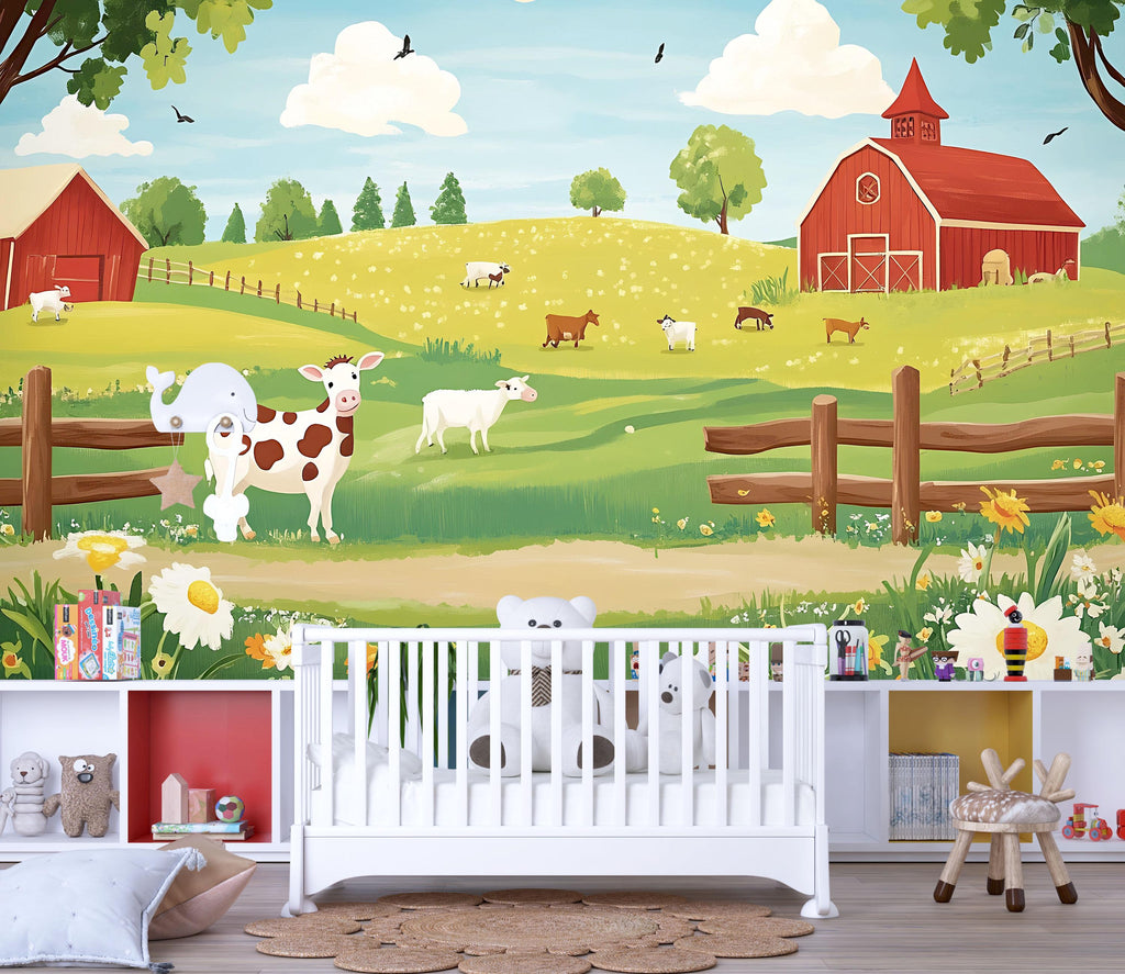 Farm Animal Nursery Wall Mural – Baby Room Decor – Gender Neutral Playroom Art – Baby Shower Gift – Kids Room Wall Art – Barnyard Mural