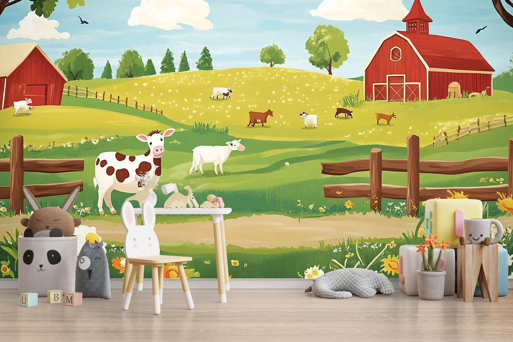 Farm Animal Nursery Wall Mural – Baby Room Decor – Gender Neutral Playroom Art – Baby Shower Gift – Kids Room Wall Art – Barnyard Mural