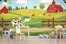 Load image into Gallery viewer, Farm Animal Nursery Wall Mural – Baby Room Decor – Gender Neutral Playroom Art – Baby Shower Gift – Kids Room Wall Art – Barnyard Mural