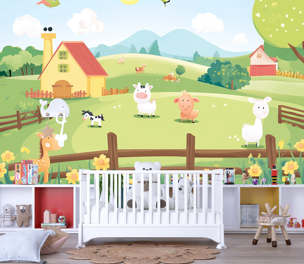 Pastel Farm Animal Nursery Wall Mural – Baby Room Decor – Gender Neutral Playroom – Baby Shower Gift – Kids Room Wall Art – Farm Friends