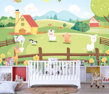 Load image into Gallery viewer, Pastel Farm Animal Nursery Wall Mural – Baby Room Decor – Gender Neutral Playroom – Baby Shower Gift – Kids Room Wall Art – Farm Friends