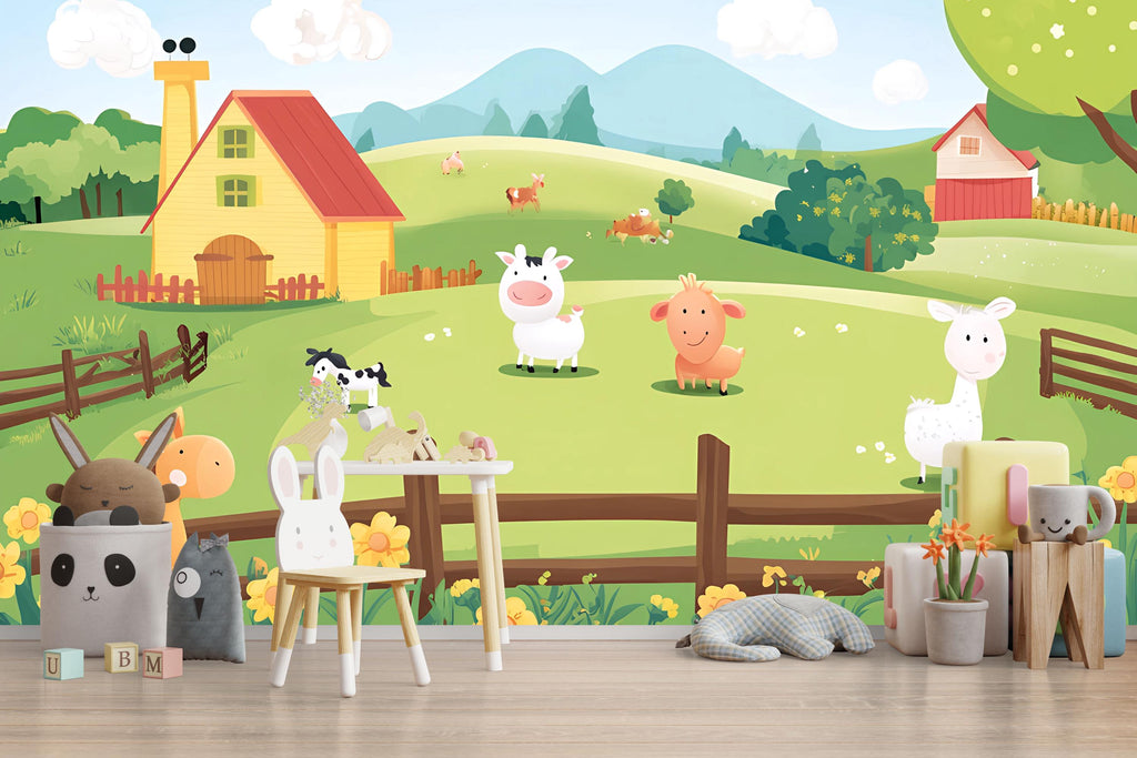 Pastel Farm Animal Nursery Wall Mural – Baby Room Decor – Gender Neutral Playroom – Baby Shower Gift – Kids Room Wall Art – Farm Friends