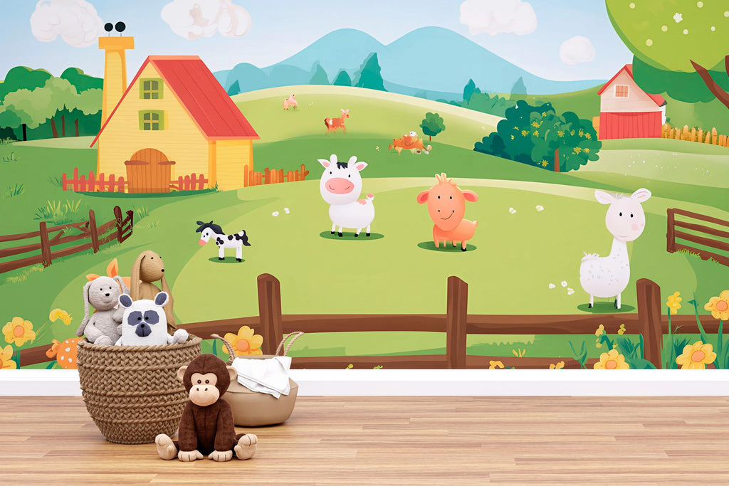 Pastel Farm Animal Nursery Wall Mural – Baby Room Decor – Gender Neutral Playroom – Baby Shower Gift – Kids Room Wall Art – Farm Friends
