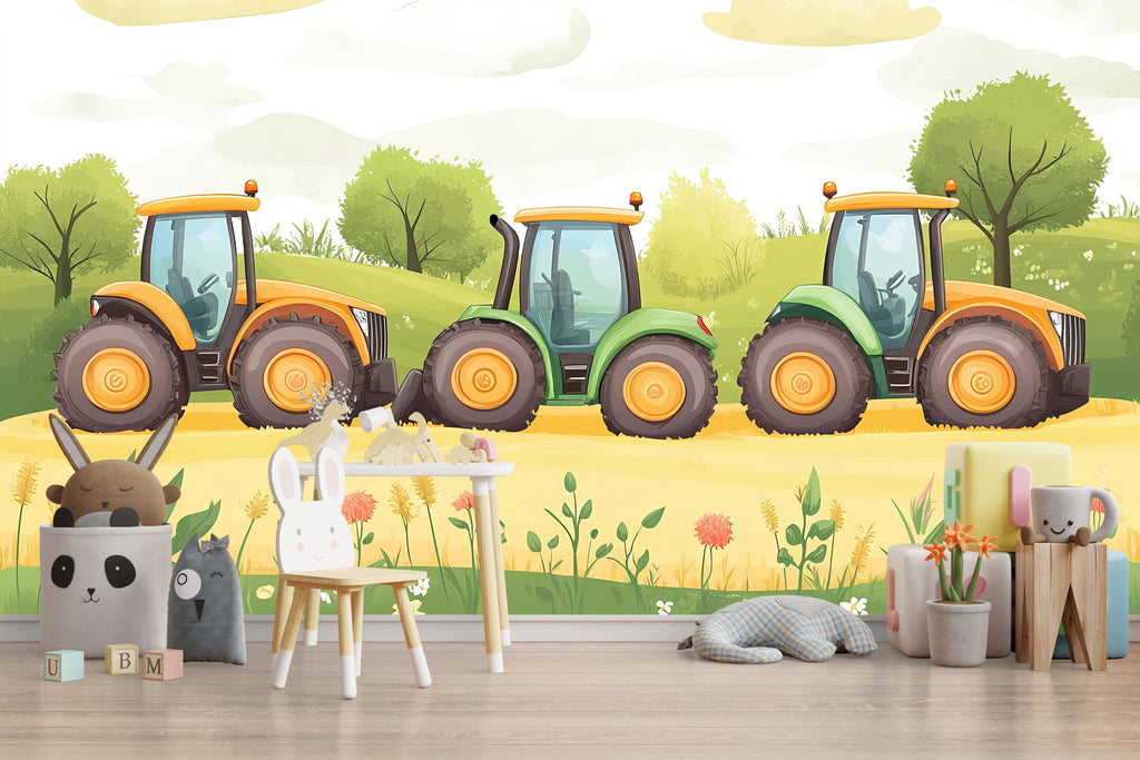 Colorful Tractors Nursery Wall Mural – Baby Room Decor – Gender Neutral Playroom Art – Baby Shower Gift – Kids Room Wall Art – Farm Vibes