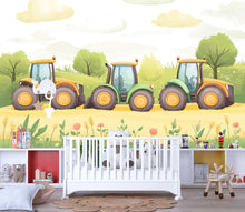 Load image into Gallery viewer, Colorful Tractors Nursery Wall Mural – Baby Room Decor – Gender Neutral Playroom Art – Baby Shower Gift – Kids Room Wall Art – Farm Vibes