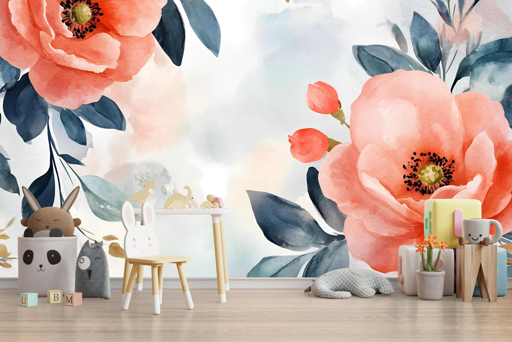 Watercolor Floral Nursery Wall Mural – Elegant Baby Room Decor – Gender Neutral Playroom Art – Baby Shower Gift – Kids Room Wall Art