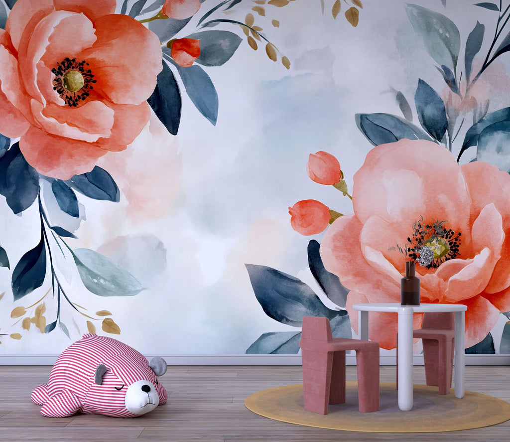 Watercolor Floral Nursery Wall Mural – Elegant Baby Room Decor – Gender Neutral Playroom Art – Baby Shower Gift – Kids Room Wall Art