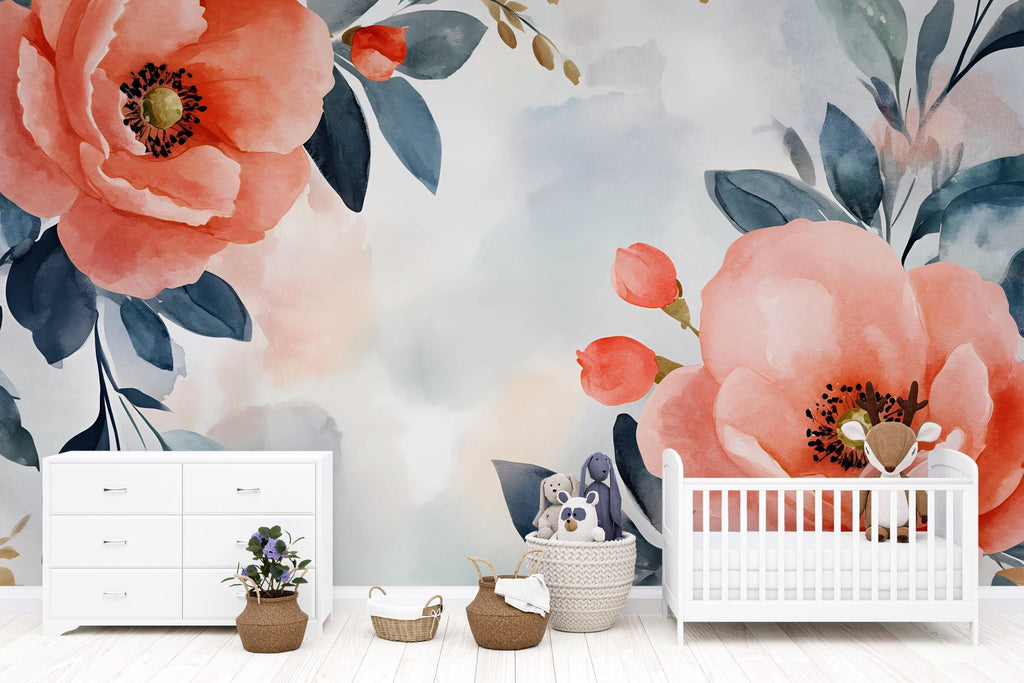 Watercolor Floral Nursery Wall Mural – Elegant Baby Room Decor – Gender Neutral Playroom Art – Baby Shower Gift – Kids Room Wall Art