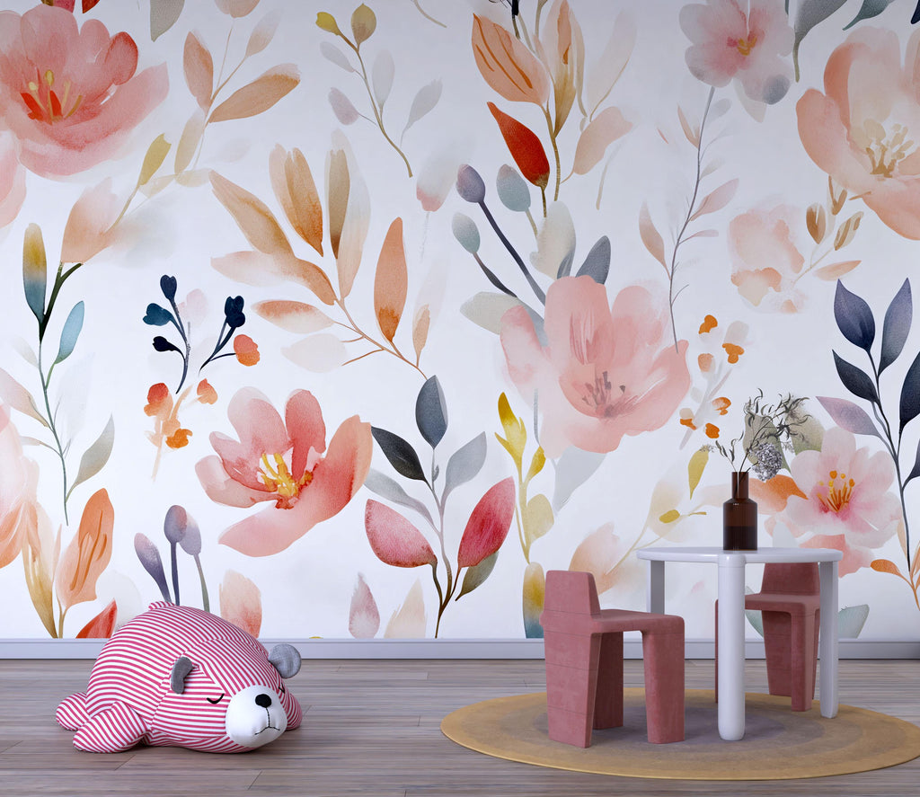 Whimsical Floral Nursery Wall Mural – Watercolor Baby Room Decor – Gender Neutral Playroom – Baby Shower Gift – Kids Room Wall Art