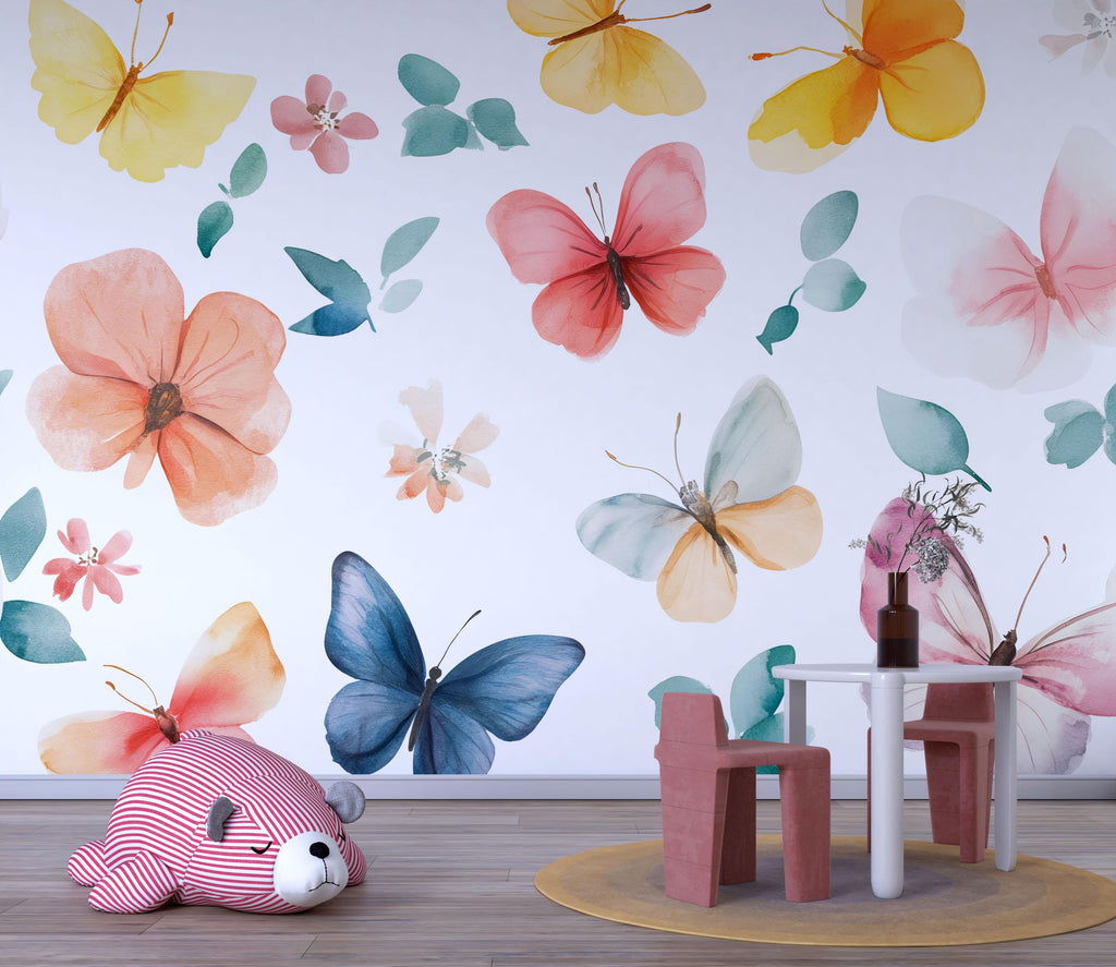 Watercolor Butterfly & Floral Nursery Wall Mural – Baby Room Decor – Gender Neutral Playroom Art – Baby Shower Gift – Kids Room Wall Art