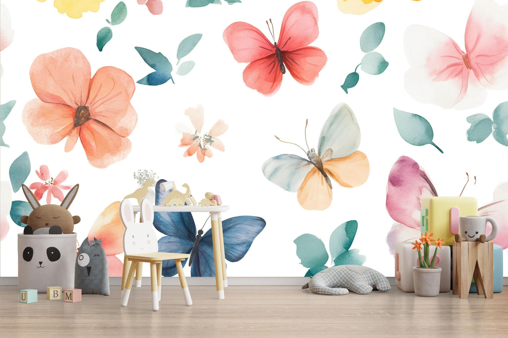 Watercolor Butterfly & Floral Nursery Wall Mural – Baby Room Decor – Gender Neutral Playroom Art – Baby Shower Gift – Kids Room Wall Art