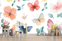 Load image into Gallery viewer, Watercolor Butterfly &amp; Floral Nursery Wall Mural – Baby Room Decor – Gender Neutral Playroom Art – Baby Shower Gift – Kids Room Wall Art