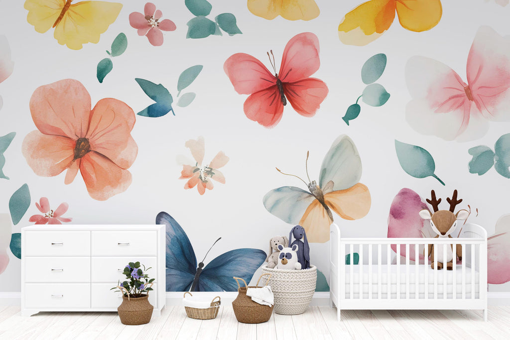 Watercolor Butterfly & Floral Nursery Wall Mural – Baby Room Decor – Gender Neutral Playroom Art – Baby Shower Gift – Kids Room Wall Art