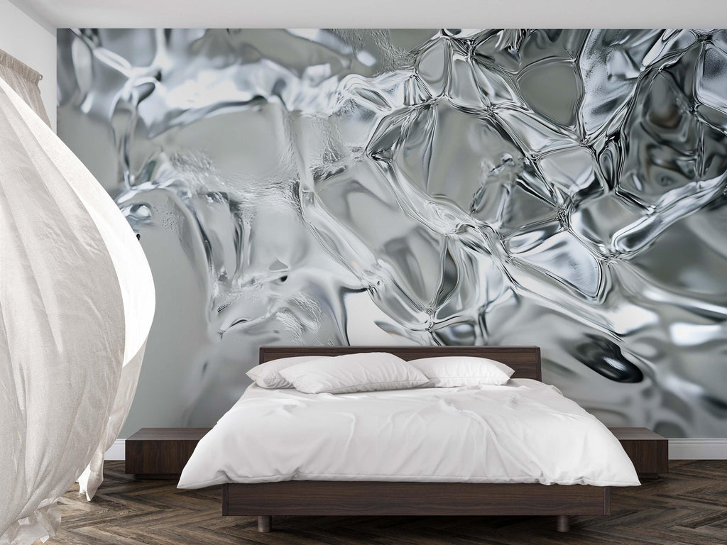 3D Metallic Ice Texture Wallpaper Mural For Bedroom Or Living Room | Stylish Modern Wall Decor | Abstract Shiny Glass Wall Art