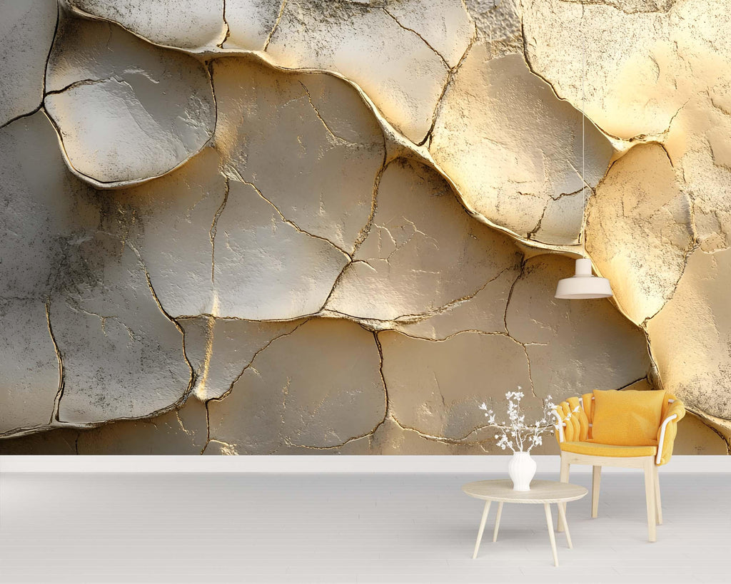 3D Cracked Clay Texture Wallpaper Mural In Beige Neutral Tones | Modern Wall Art For Living Room Or Bedroom | Stylish Earthy 3D Wall Decor