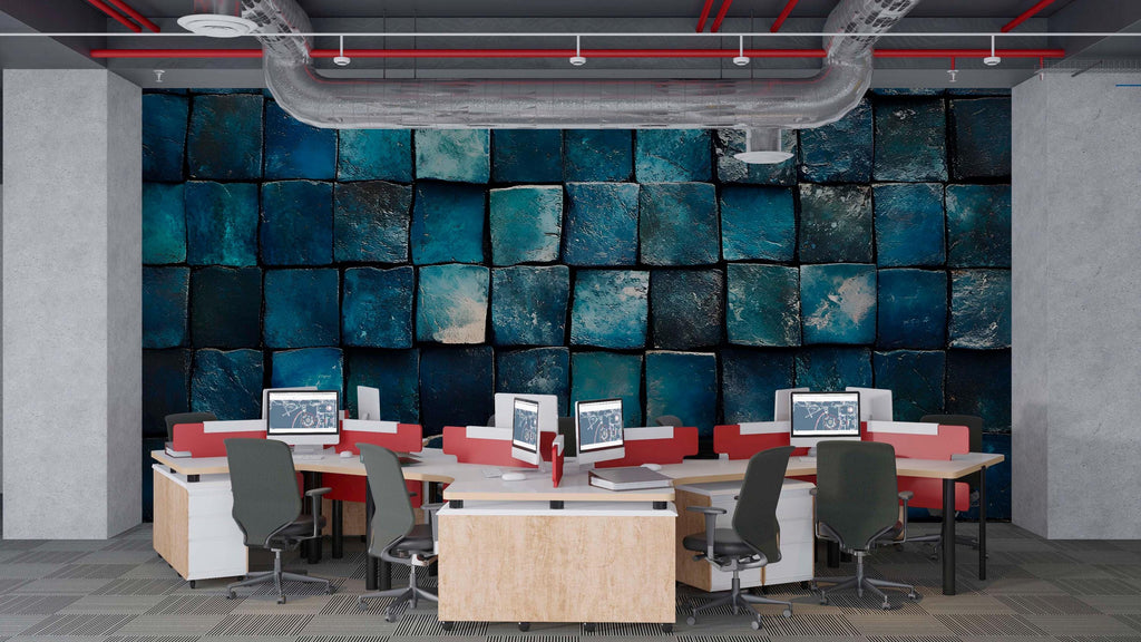 3D Blue Tile Texture Wallpaper Mural | Dark Teal Wall Art For Office Or Studio | Stylish Geometric Modern Decor Wallpaper | Unique Gift