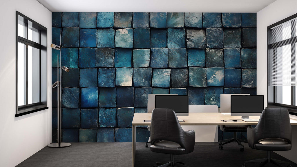 3D Blue Tile Texture Wallpaper Mural | Dark Teal Wall Art For Office Or Studio | Stylish Geometric Modern Decor Wallpaper | Unique Gift