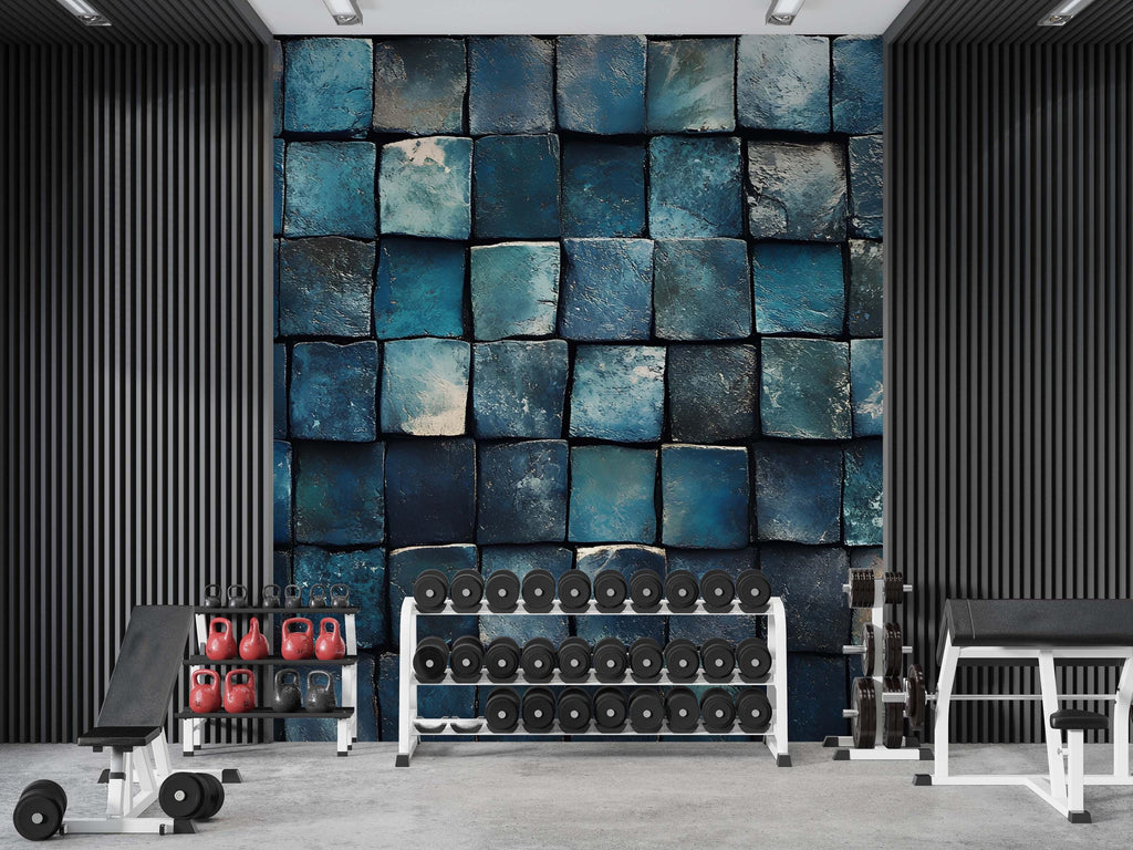 3D Blue Tile Texture Wallpaper Mural | Dark Teal Wall Art For Office Or Studio | Stylish Geometric Modern Decor Wallpaper | Unique Gift