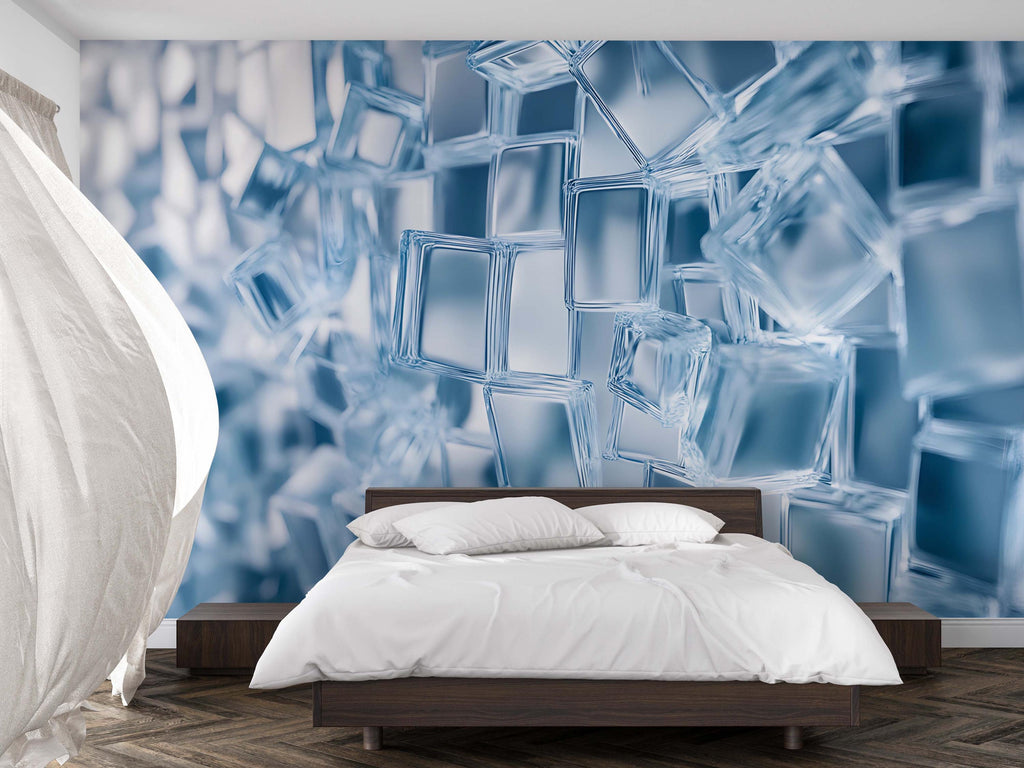 Glass Cube 3D Wallpaper Mural | Modern Blue Ice Block Wall Art For Bedroom Or Studio | Stylish Geometric Decor Wallpaper | Unique Gift