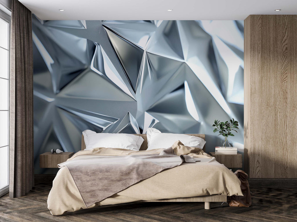 Silver Faceted 3D Wallpaper Mural | Modern Geometric Wall Decor With Metallic Crystal Texture | Abstract Luxury Bedroom Accent | Stylish