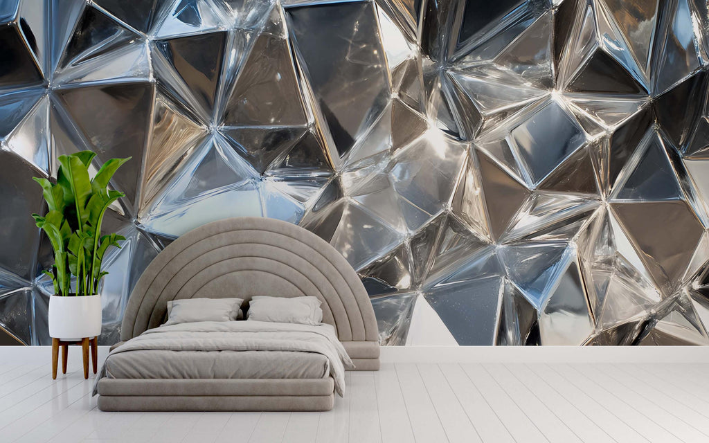 Chrome Faceted 3D Wallpaper Mural | Silver Geometric Wall Decor With Metallic Polygon Texture | Modern Luxury Bedroom Accent | Stylish