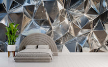 Load image into Gallery viewer, Chrome Faceted 3D Wallpaper Mural | Silver Geometric Wall Decor With Metallic Polygon Texture | Modern Luxury Bedroom Accent | Stylish