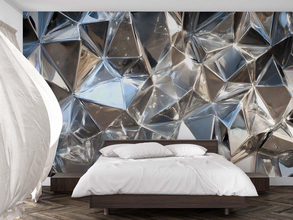 Chrome Faceted 3D Wallpaper Mural | Silver Geometric Wall Decor With Metallic Polygon Texture | Modern Luxury Bedroom Accent | Stylish