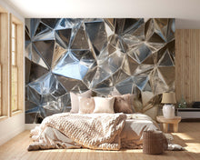 Load image into Gallery viewer, Chrome Faceted 3D Wallpaper Mural | Silver Geometric Wall Decor With Metallic Polygon Texture | Modern Luxury Bedroom Accent | Stylish