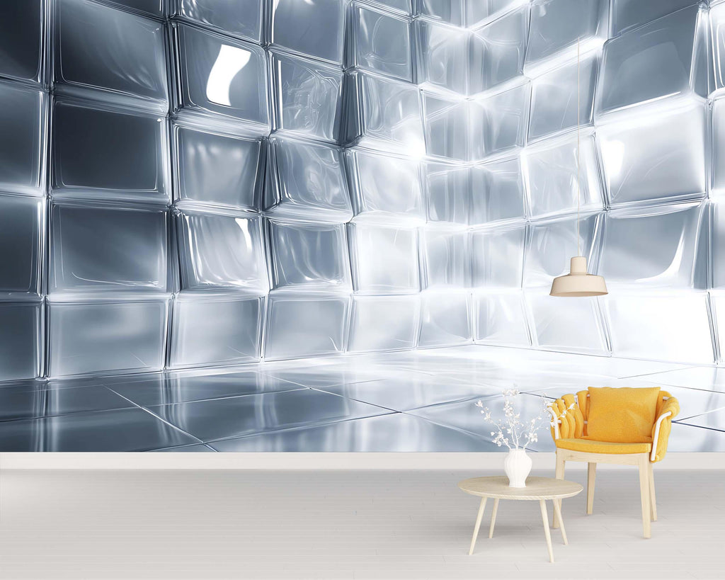 Chrome Faceted 3D Wallpaper Mural | Silver Geometric Wall Decor With Metallic Polygon Texture | Modern Luxury Bedroom Accent | Stylish