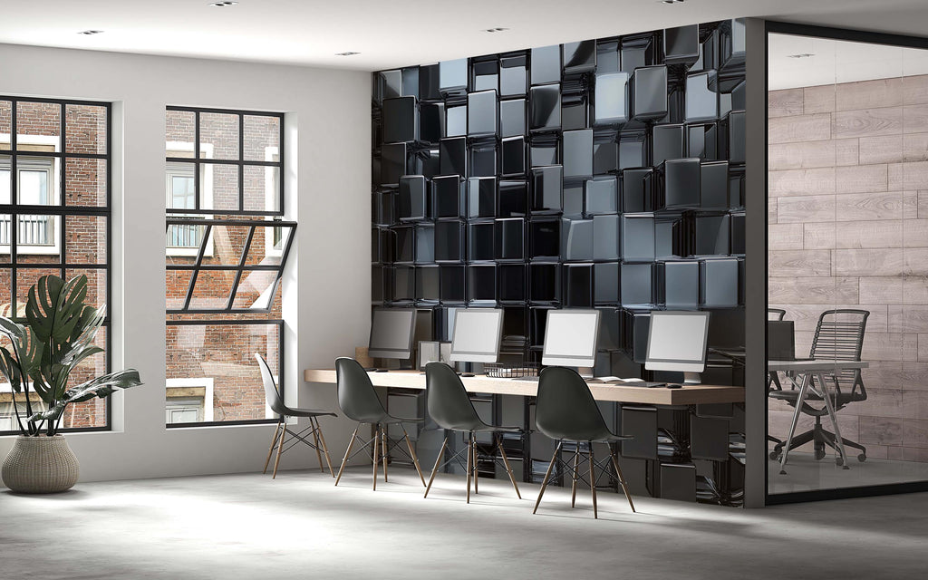 3D Glossy Black Cube Wallpaper Mural | Modern Textured Wall Art For Office Or Home | Stylish Geometric Design | Peel And Stick Or Non-Woven