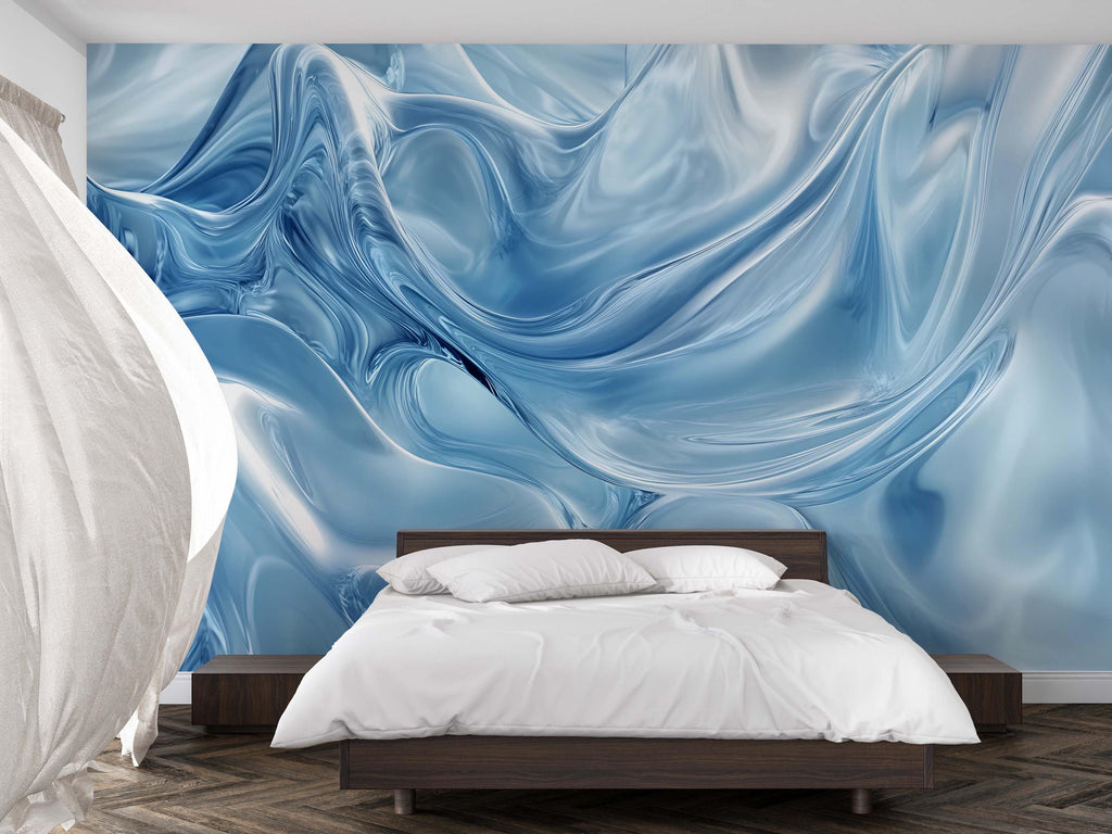 Blue 3D Swirl Texture Wallpaper Mural | Abstract Wave Wall Art For Bedroom Or Office | Modern Glossy Design | Peel And Stick Or Non-Woven