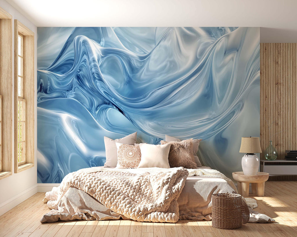 Blue 3D Swirl Texture Wallpaper Mural | Abstract Wave Wall Art For Bedroom Or Office | Modern Glossy Design | Peel And Stick Or Non-Woven