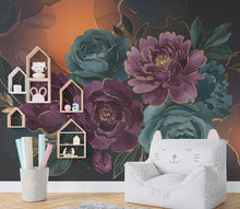 Load image into Gallery viewer, Dramatic Oversized Watercolor Floral Mural – Plum &amp; Midnight Peonies Roses with Gold Foil | Luxury Dark Botanical Wallpaper wall Mural 765RS