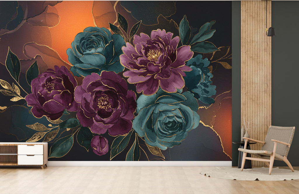 Dramatic Oversized Watercolor Floral Mural – Plum & Midnight Peonies Roses with Gold Foil | Luxury Dark Botanical Wallpaper wall Mural 765RS