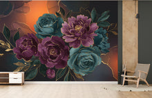 Load image into Gallery viewer, Dramatic Oversized Watercolor Floral Mural – Plum &amp; Midnight Peonies Roses with Gold Foil | Luxury Dark Botanical Wallpaper wall Mural 765RS