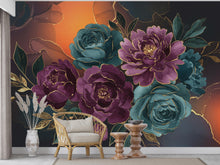 Load image into Gallery viewer, Dramatic Oversized Watercolor Floral Mural – Plum &amp; Midnight Peonies Roses with Gold Foil | Luxury Dark Botanical Wallpaper wall Mural 765RS