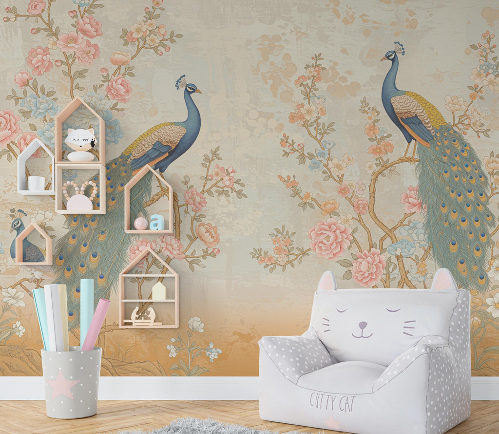 Chinoiserie Cherry Blossom Wall Mural – Pastel Peacocks & Exotic Birds with Antique Gold | Luxury Silk-Textured Wallpaper Wall Mural 767RS