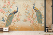 Load image into Gallery viewer, Chinoiserie Cherry Blossom Wall Mural – Pastel Peacocks &amp; Exotic Birds with Antique Gold | Luxury Silk-Textured Wallpaper Wall Mural 767RS
