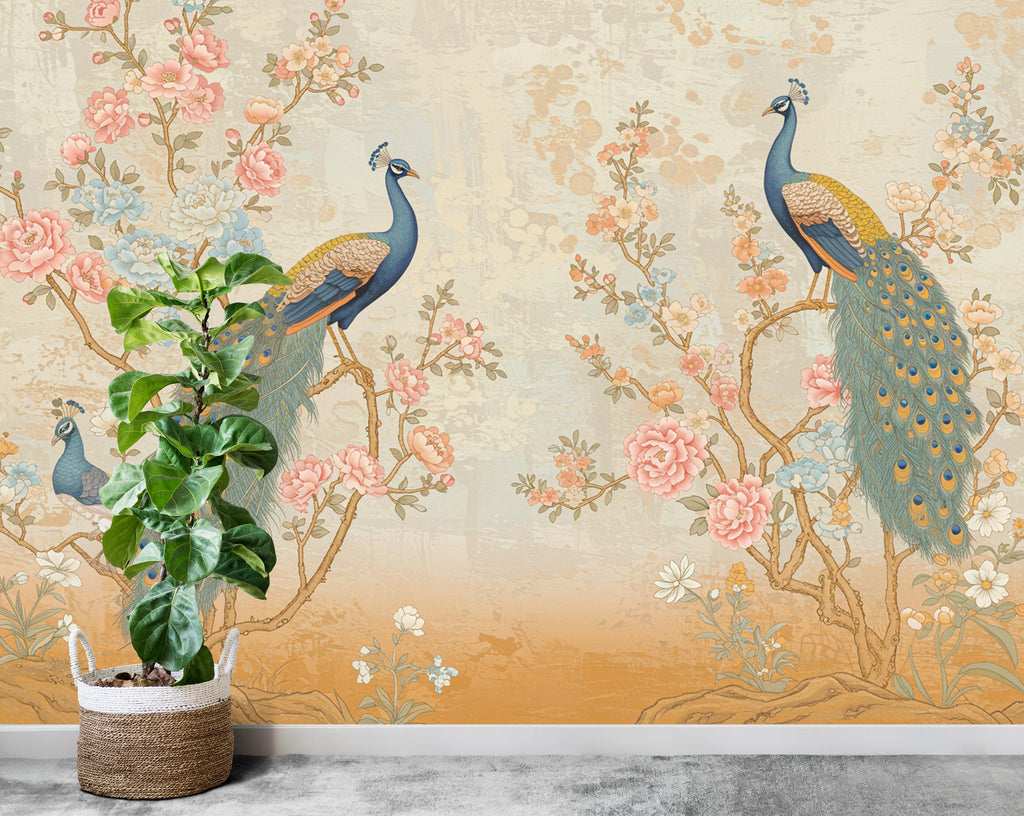 Chinoiserie Cherry Blossom Wall Mural – Pastel Peacocks & Exotic Birds with Antique Gold | Luxury Silk-Textured Wallpaper Wall Mural 767RS