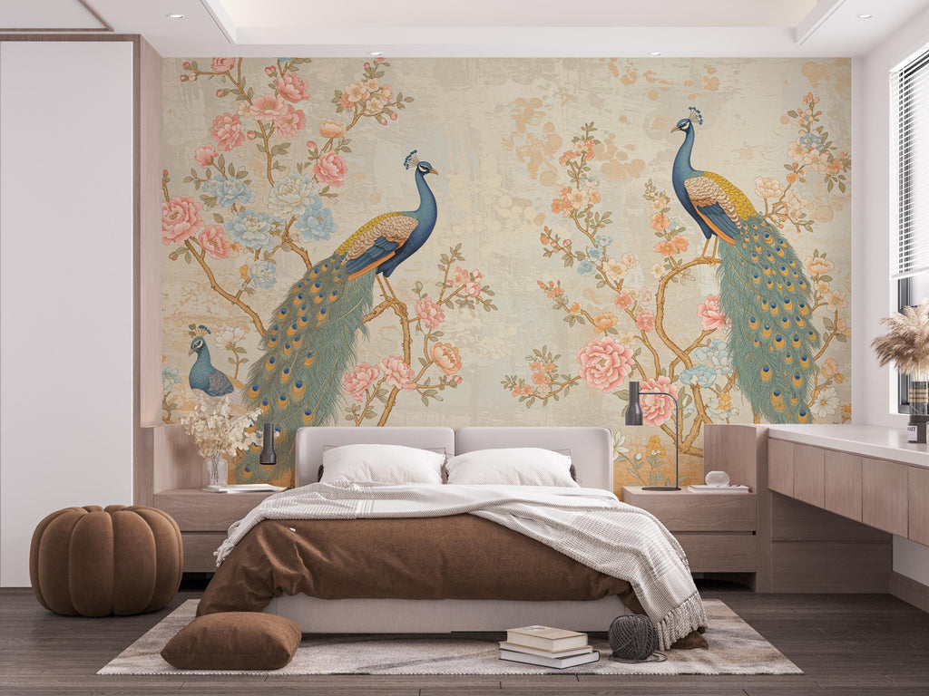 Chinoiserie Cherry Blossom Wall Mural – Pastel Peacocks & Exotic Birds with Antique Gold | Luxury Silk-Textured Wallpaper Wall Mural 767RS