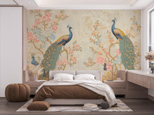 Load image into Gallery viewer, Chinoiserie Cherry Blossom Wall Mural – Pastel Peacocks &amp; Exotic Birds with Antique Gold | Luxury Silk-Textured Wallpaper Wall Mural 767RS