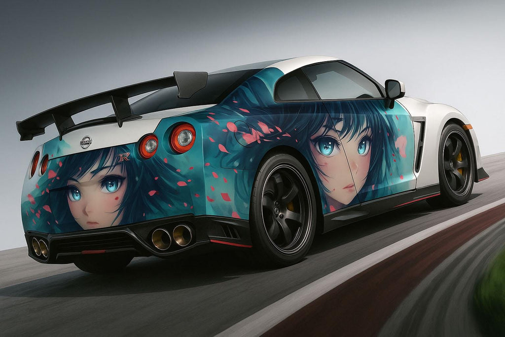 Anime Car Wrap – Custom Vinyl Vehicle Wrap Featuring Blue-Haired Girl Character – Otaku Car Art – Itasha Style Wrap – Gift for Car & Anime