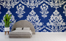 Load image into Gallery viewer, Victorian Damask Blue Wallpaper Mural – Bold White Pattern Wall Art – Elegant Bedroom Accent – Classic Baroque Decor – Luxury Gift for Home