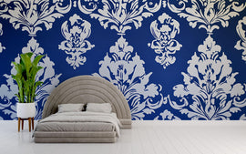 Victorian Damask Blue Wallpaper Mural – Bold White Pattern Wall Art – Elegant Bedroom Accent – Classic Baroque Decor – Luxury Gift for Home