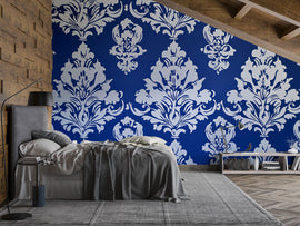 Victorian Damask Blue Wallpaper Mural – Bold White Pattern Wall Art – Elegant Bedroom Accent – Classic Baroque Decor – Luxury Gift for Home