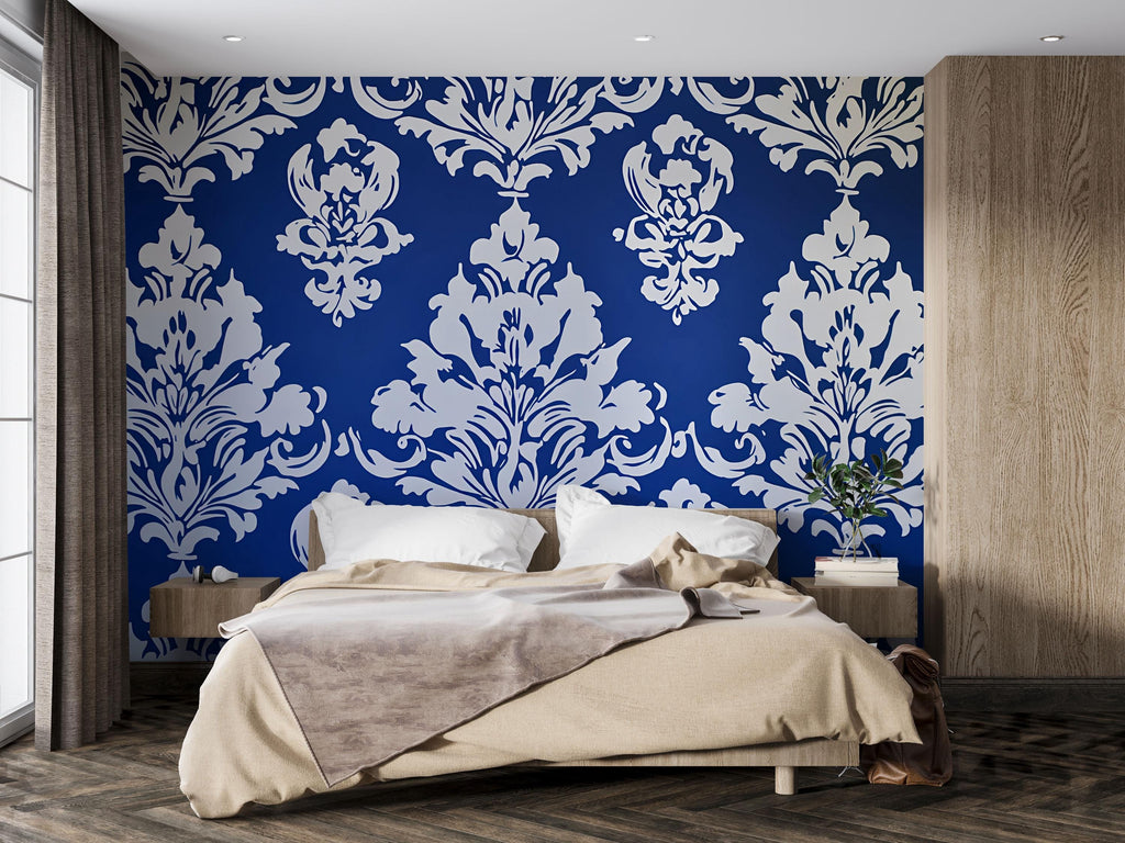 Victorian Damask Blue Wallpaper Mural – Bold White Pattern Wall Art – Elegant Bedroom Accent – Classic Baroque Decor – Luxury Gift for Home